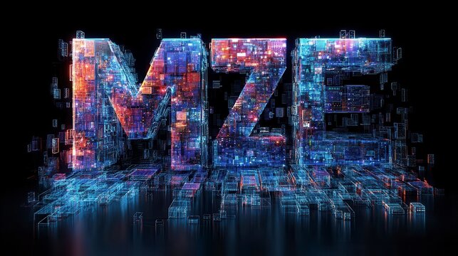 Abstract digital art of MZE text formed by colorful lights and particles against a black background.