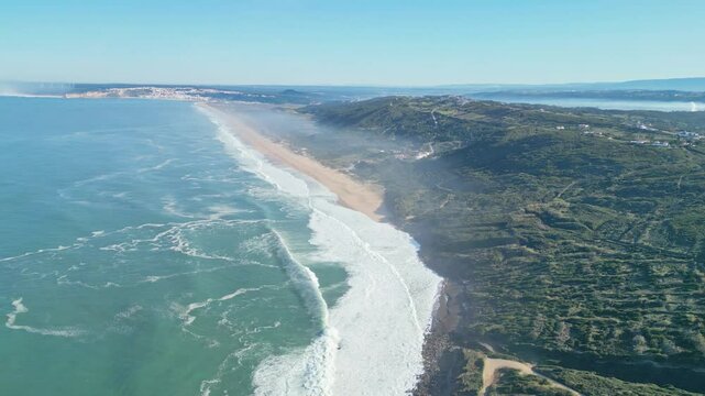 Aerial coastline view from Miradouro do Salgado near Nazar&eacute;, Portugal on clear day
