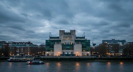 Naklejka premium City Building on River at Dusk with Dramatic Cloudy Sky