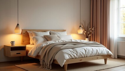 Cozy warm hygge bedroom interior with soft lighting and inviting decor creating a relaxing atmosphere for rest