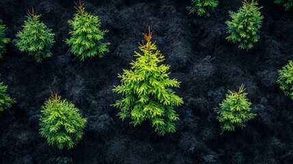 Aerial view of vibrant green fir saplings planted in dark soil, creating a striking contrast.