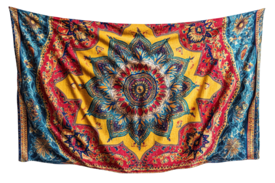 Vibrant Mandala Tapestry rich colors intricate design draped elegantly on on transparent background