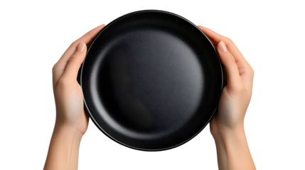 Hand holding a black empty plate on white background, HD realistic