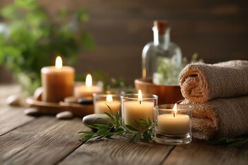 spa relaxation setting with burning candles and rolled towels on rustic wooden surface creating warm cozy ambiance for wellness, aromatherapy, self-care, and calm mindfulness moments