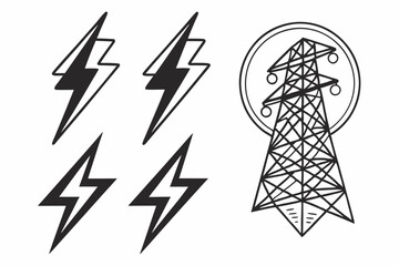 Electric Power Tower and Lightning Bolt Icons Black and White Line Art