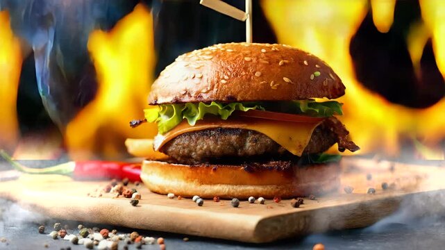 Juicy bbq burger with hot spices spicy ready to serve and eat with fire flames and smoke in the background