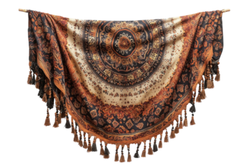 Elegant mandala patterned shawl rich autumnal tones detailed tassels on transparent background