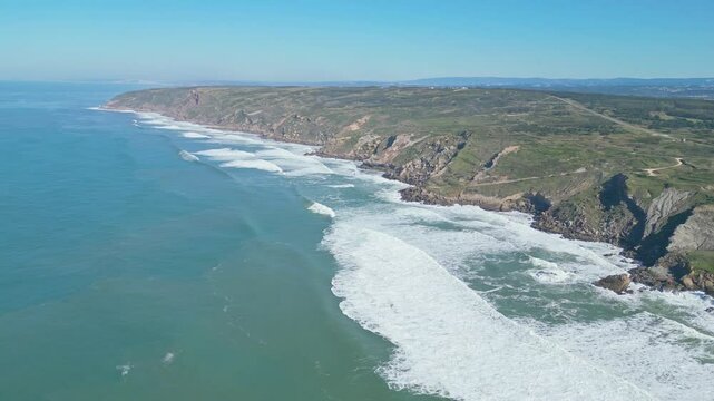 Rugged coastline at miradouro do salgado in nazar&eacute;, portugal, aerial view