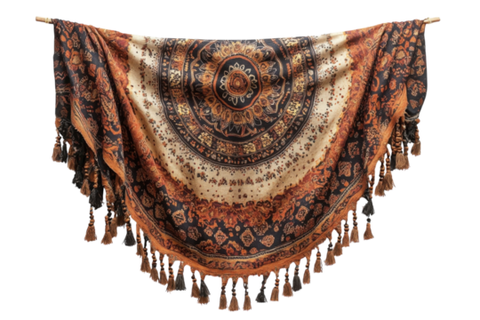 Elegant mandala patterned shawl rich autumnal tones detailed tassels on transparent background
