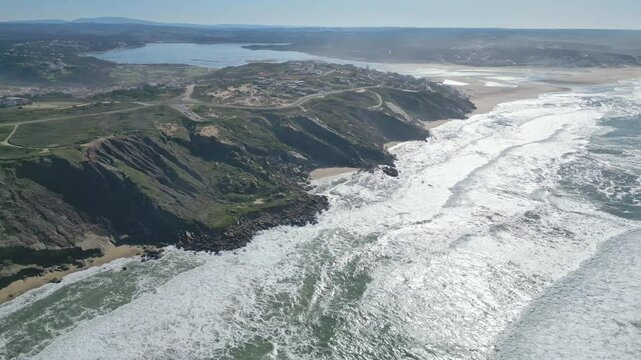 Panoramic aerial view of the cliffs and coastline near Miraduro Da Salgado, Nazar&eacute;, Portugal