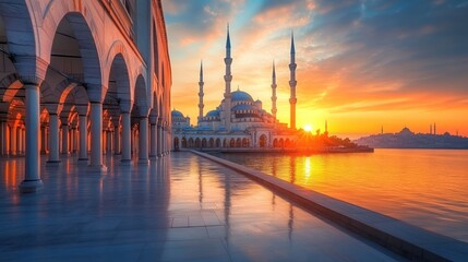 Fototapeta premium Sunset Mosque, Istanbul, Turkey, Reflection, Travel