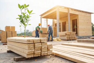 Fototapeta premium Eco-house construction site with recycled wood and sustainable materials for green building.