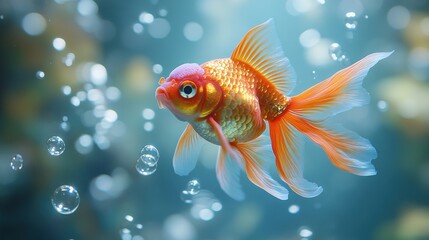 Serene aquatic scene capturing a vibrant goldfish gracefully swimming amid a flurry of translucent bubbles under ethereal and soft light ambience