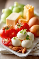 A vibrant assortment of fresh produce, including tomatoes, cheese, eggs, and almonds, arranged on a white plate for a visually appealing display.