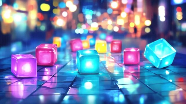 Glowing cubes with intense neon lights flashing in the rain. Cyberpunk style