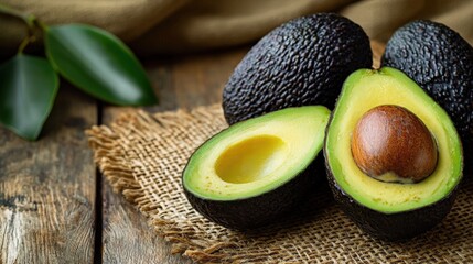 Ripe Hass avocados on rustic wooden table with burlap and leaves, showcasing their vibrant green flesh and dark purple skin in a close-up shot ideal for healthy food blogs and