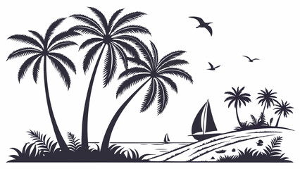 Black and White Tropical Beach Palm Trees Sailboat Birds Vector Illustration