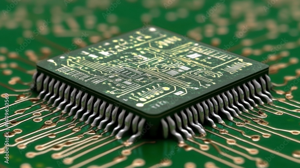 Poster close up view of a microchip on a green circuit board. the microchip is square with gold colored con