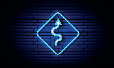 Neon arrow icon. Bright up Arrow sign. Indicator symbol. Neon Road sign. Blue and white Color arrow icon on black background. Stairs symbol