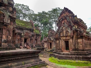 Naklejka premium Banteay Srei, Angkor Wat is located in Cambodia. One of the seven architectural wonders of the world. Tomb Raider filming location