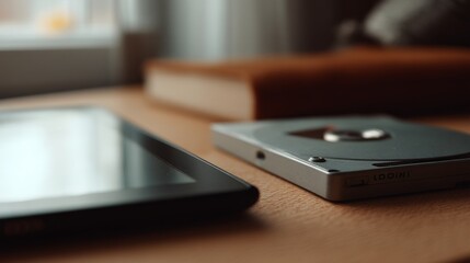 A sleek digital device and a tablet rest on a wooden surface near soft light, highlighting modern simplicity.
