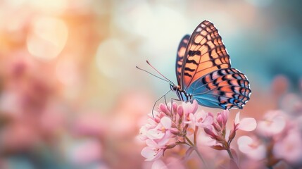 Intricate butterfly wings with striking color patterns resting gently on delicate pink blossoms against a dreamy blurred backdrop