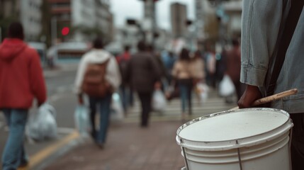 In a vibrant cityscape, a street musician prepares to play, drum in hand, surrounded by busy pedestrians.
