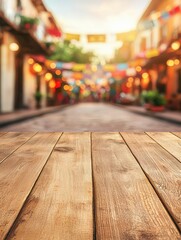 Wooden Table with Blurred Street and Colorful Decorations in a Festive Outdoor Setting at Sunset