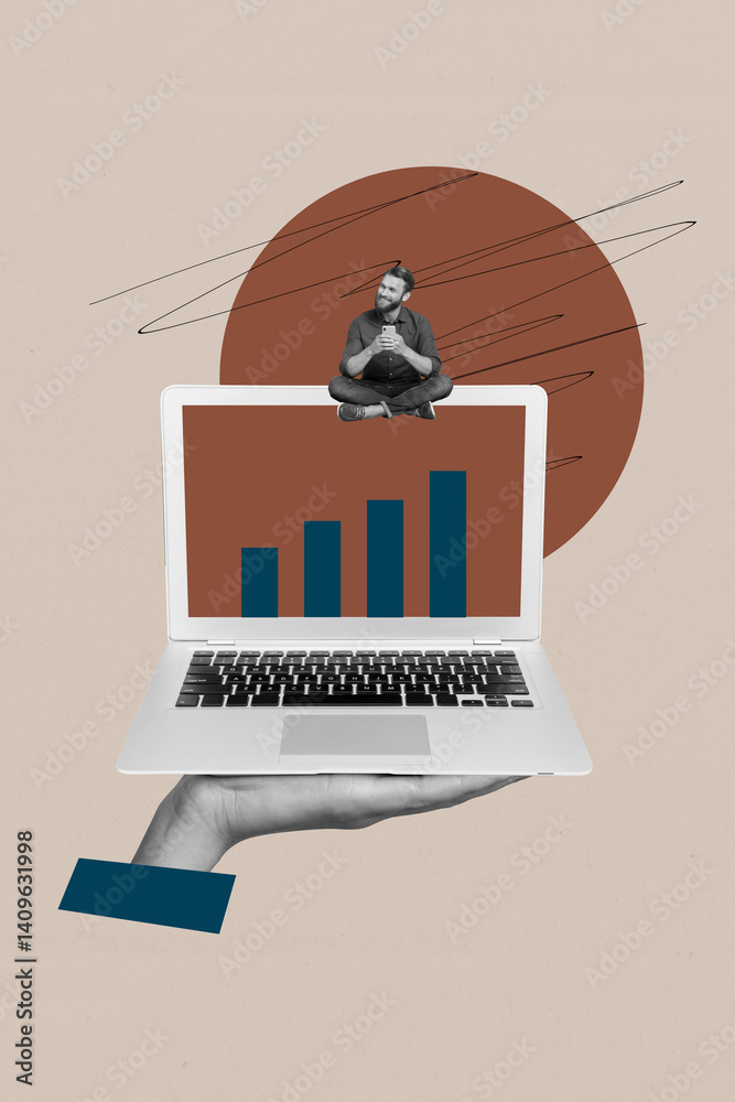 Aufkleber pop banner collage of person sit big netbook with graphs on pastel background