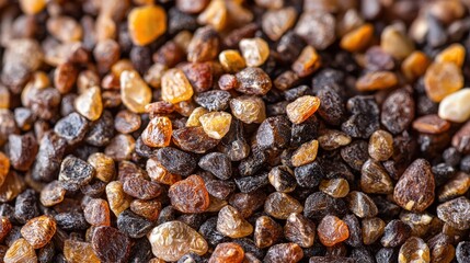Obraz premium A close-up detailed shot reveals a textured pile of small, dark brown and amber-colored stones, showcasing their unique shapes and variations in color and translucency.
