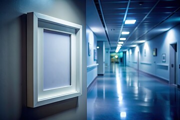 Hospital Corridor Mockup: Empty White Frame, Night Photography, Blurred Background