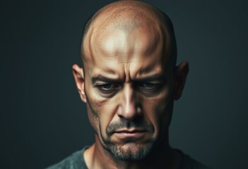 Bald man with a serious and troubled expression