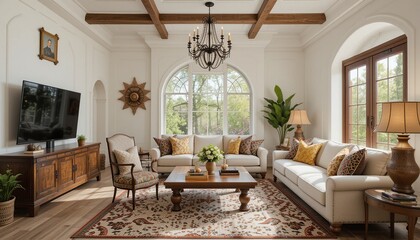 Elegant living room with a coffered ceiling, wooden beams, a chandelier, large windows, patterned rug, and comfortable seating.