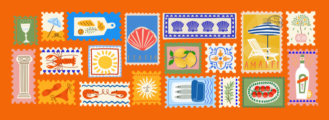 Italian summer mediterranean trendy postage stamps. Vector illustration of glass, column, sardine, shell, sun, lemons, shrimp, lobster, baguette, tomato, beach, swimsuit, alcohol, tile for icons © Ardea-studio