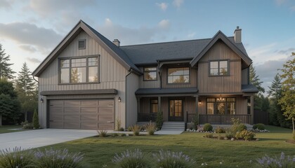 Suburban family home featuring board and batten siding and a large front yard, embodying classic architectural charm.