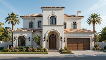 Mediterranean villa with stucco facade, arched windows, and terracotta tile roof evoking timeless elegance under a clear blue sky.