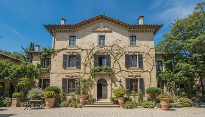 Obraz premium Ornate stone villa featuring symmetrical design, climbing vines, and lush potted plants against a clear blue sky. Classic architecture.