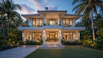 Obraz premium Elegant two-story home with lush tropical landscaping, featuring a balcony and a grand entrance. A luxurious living space.
