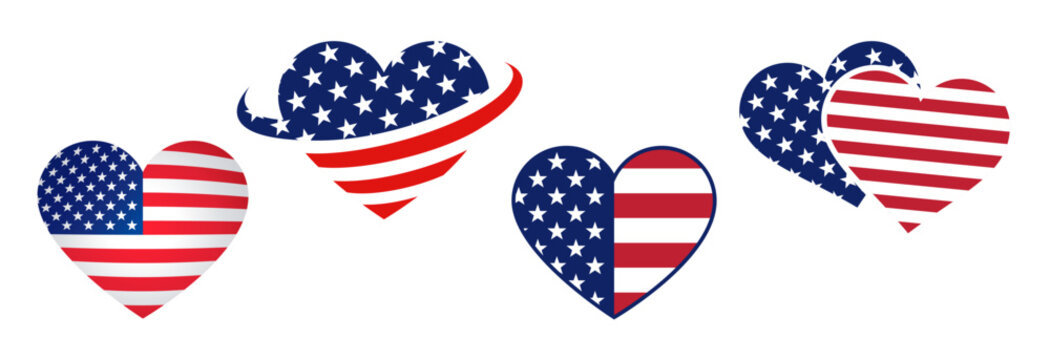 USA american flag in heart shape symbol flag set tshirt graphic design vector on transparent background