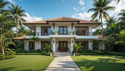Naklejka premium Stately two-story home, framed by swaying palms, embodying luxury living under sunny skies, with a well-manicured lawn.