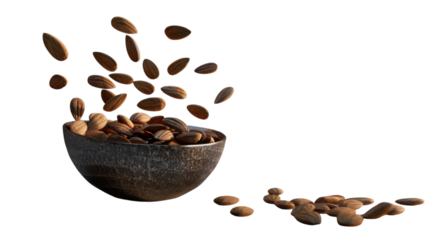 Close up of nutritious almonds pouring from a ceramic bowl 3D rendering Perfect for food blogs packaging and healthy lifestyle advertisements