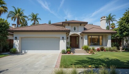 Elegant single-family home with lush landscaping, showcasing architectural design and curb appeal under a clear blue sky. A suburban oasis.
