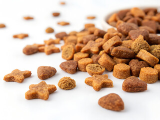 A pile of dog treats with stars and hearts on them. The treats are scattered on a white surface