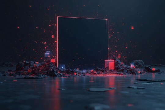 Abstract Digital Portal: Glowing Rectangular Frame in a Pixelated and Distorted Cyber Landscape for Technology and Futuristic Concepts