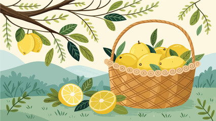 Lemon with Lemon slice in wicker basket in natural background vector design, Lemon vector design