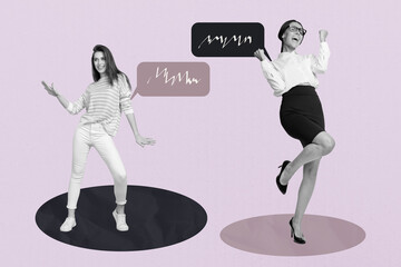 Trend banner collage of people speaking with textbox on pink background