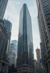 Fototapeta premium Skyscraper dominates city skyline. Modern design meets classic architecture. Urban landscape featuring tall buildings against sky.