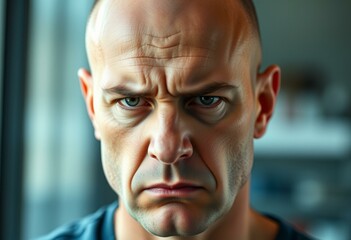 Bald man with stern expression and subtle blue background