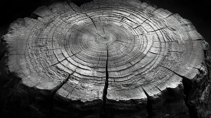 Radial tree ring structure in grayscale, centered composition, high-detail texture, vintage and scientific visual theme 