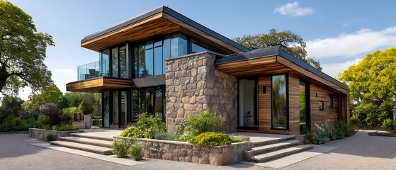 Obraz premium Modern house with stone facade and glass walls. Balcony, landscaping. Sunny day